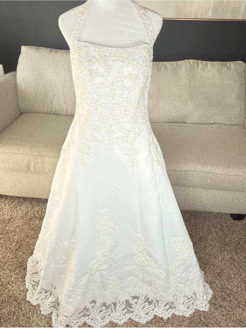 David's Bridal White Halter A-Line Wedding Dress with Cream Lace Appliqué